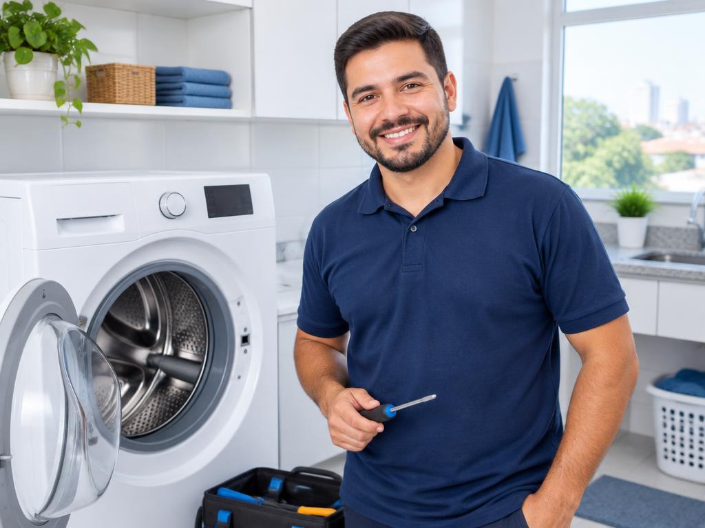 Técnico sorridente ao lado de uma lavadora